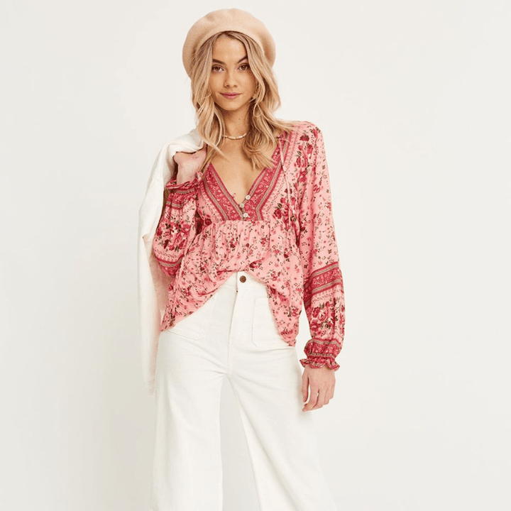 Rafaela Damska Tunika Looksy – Boho Wzór Kwiatowy, Zapinany na Guziki Dekolt w Serek i Zwiewny Krój