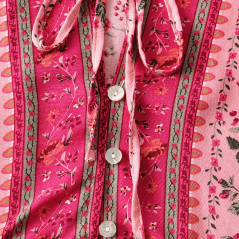 Rafaela Damska Tunika Looksy – Boho Wzór Kwiatowy, Zapinany na Guziki Dekolt w Serek i Zwiewny Krój