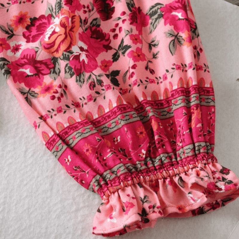 Rafaela Damska Tunika Looksy – Boho Wzór Kwiatowy, Zapinany na Guziki Dekolt w Serek i Zwiewny Krój