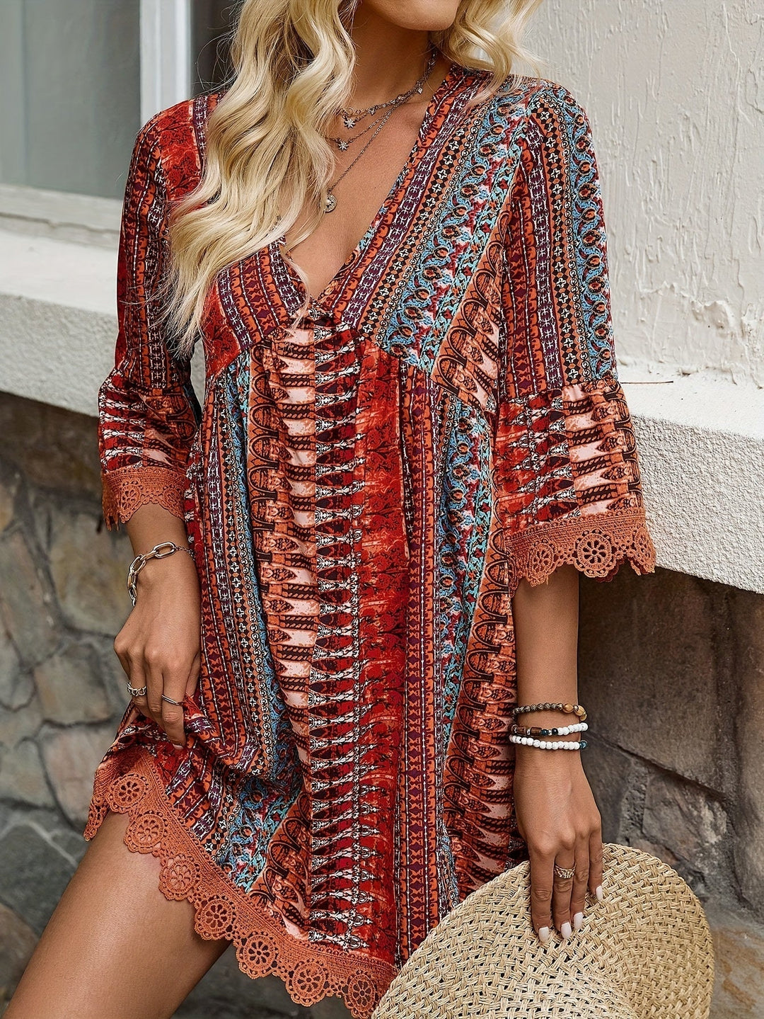 Rayzella Sukienka Damska Boho – Kolorowa, Szykowna Sukienka z Rękawami 3/4 i Zwiewnym Krojem na Lato