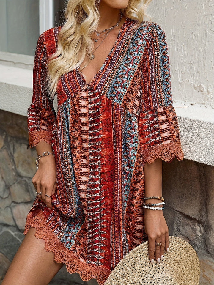 Rayzella Sukienka Damska Boho – Kolorowa, Szykowna Sukienka z Rękawami 3/4 i Zwiewnym Krojem na Lato