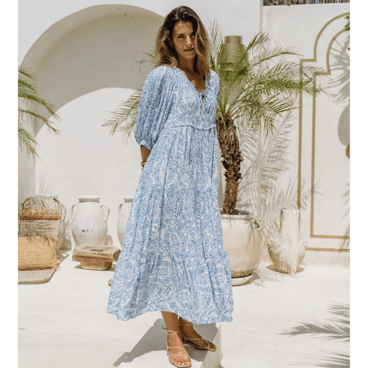 Rosina Długa Sukienka Looksy – Abstrakcyjny boho wzór i zwiewny, warstwowy fason