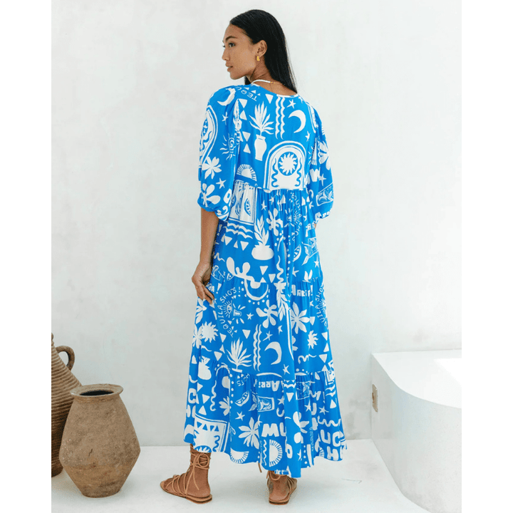 Rosina Długa Sukienka Looksy – Abstrakcyjny boho wzór i zwiewny, warstwowy fason