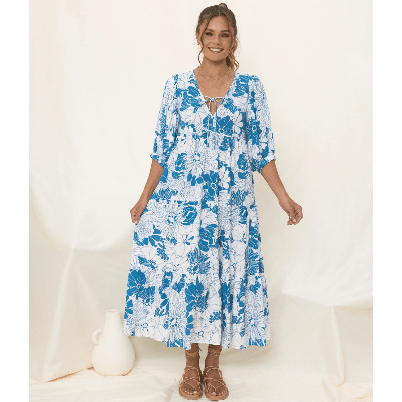 Runa Sukienka Midi Looksy – Kwiatowy wzór i lekkie bufiaste rękawy na lato