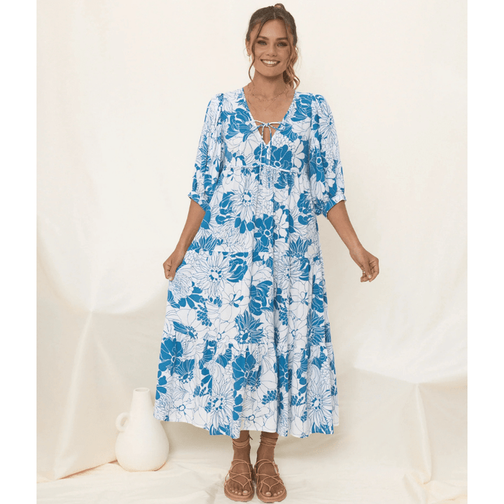 Runa Sukienka Midi Looksy – Kwiatowy wzór i lekkie bufiaste rękawy na lato
