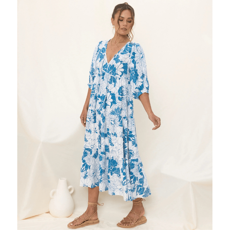 Runa Sukienka Midi Looksy – Kwiatowy wzór i lekkie bufiaste rękawy na lato