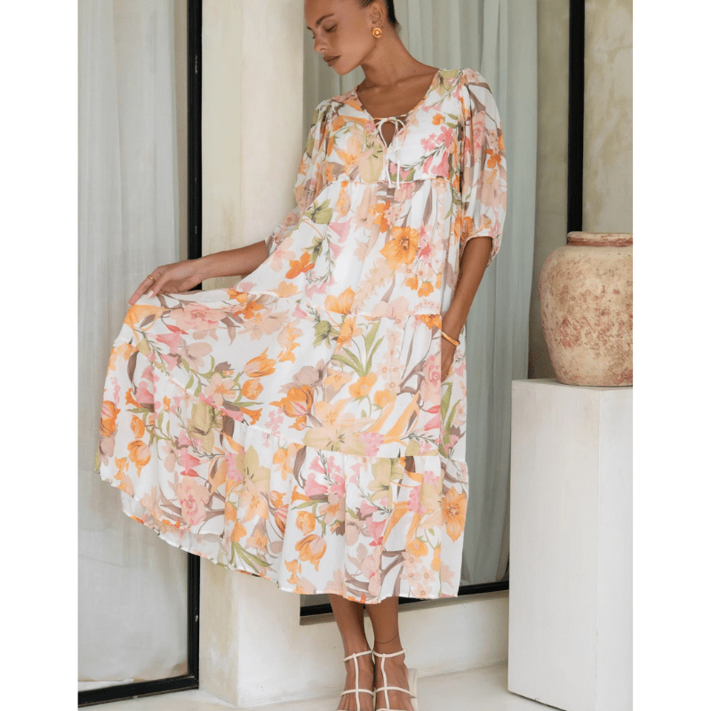 Runa Sukienka Midi Looksy – Kwiatowy wzór i lekkie bufiaste rękawy na lato