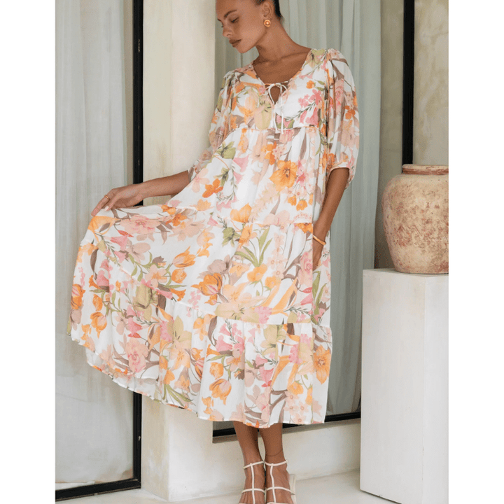 Runa Sukienka Midi Looksy – Kwiatowy wzór i lekkie bufiaste rękawy na lato