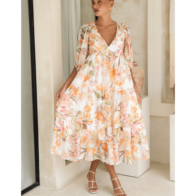 Runa Sukienka Midi Looksy – Kwiatowy wzór i lekkie bufiaste rękawy na lato
