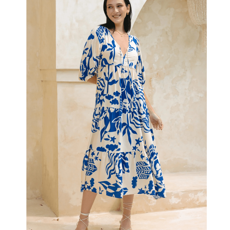Runa Sukienka Midi Looksy – Kwiatowy wzór i lekkie bufiaste rękawy na lato