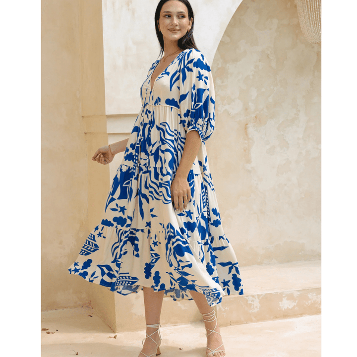 Runa Sukienka Midi Looksy – Kwiatowy wzór i lekkie bufiaste rękawy na lato