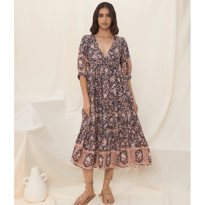 Runa Sukienka Midi Looksy – Kwiatowy wzór i lekkie bufiaste rękawy na lato