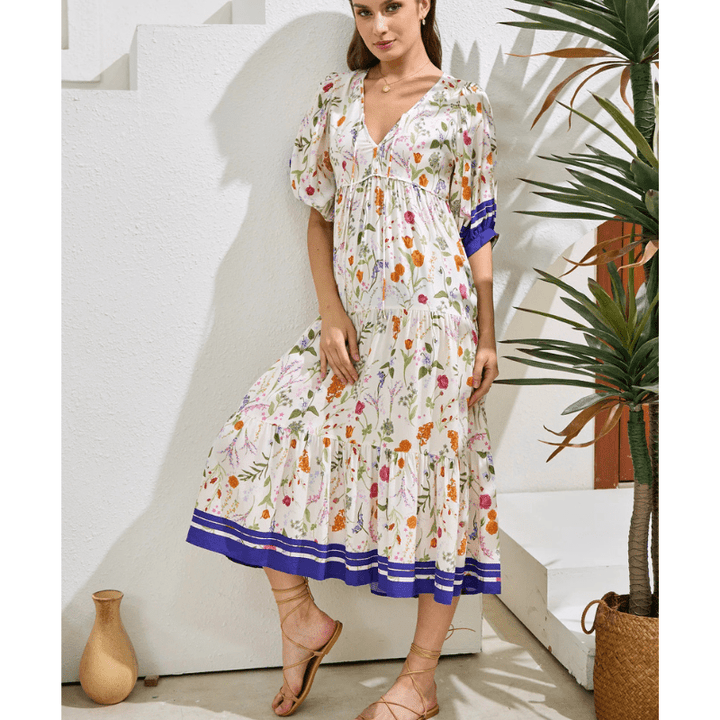 Runa Sukienka Midi Looksy – Kwiatowy wzór i lekkie bufiaste rękawy na lato