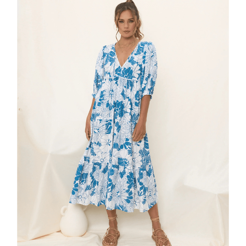 Runa Sukienka Midi Looksy – Kwiatowy wzór i lekkie bufiaste rękawy na lato
