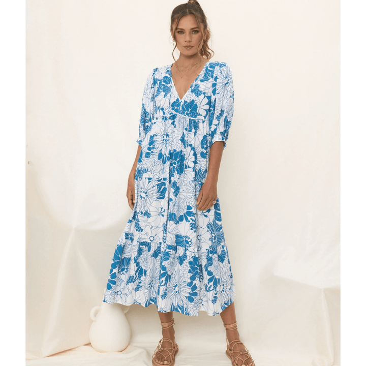 Runa Sukienka Midi Looksy – Kwiatowy wzór i lekkie bufiaste rękawy na lato