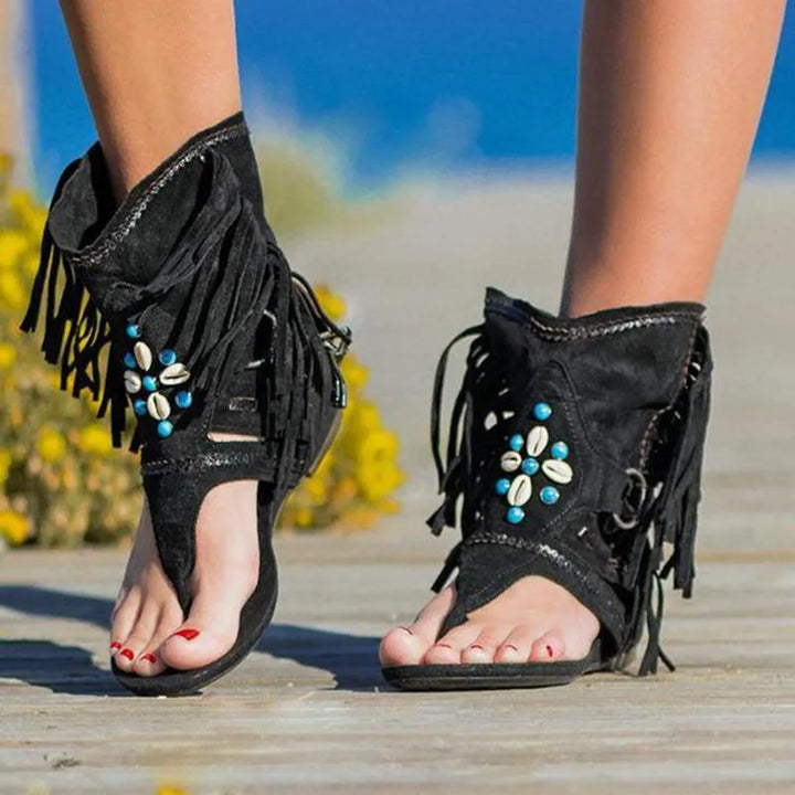 Katherine Boho Sandały Damskie – Letnie Sandały z Frędzlami i Perełkami dla Swobodnego Looku