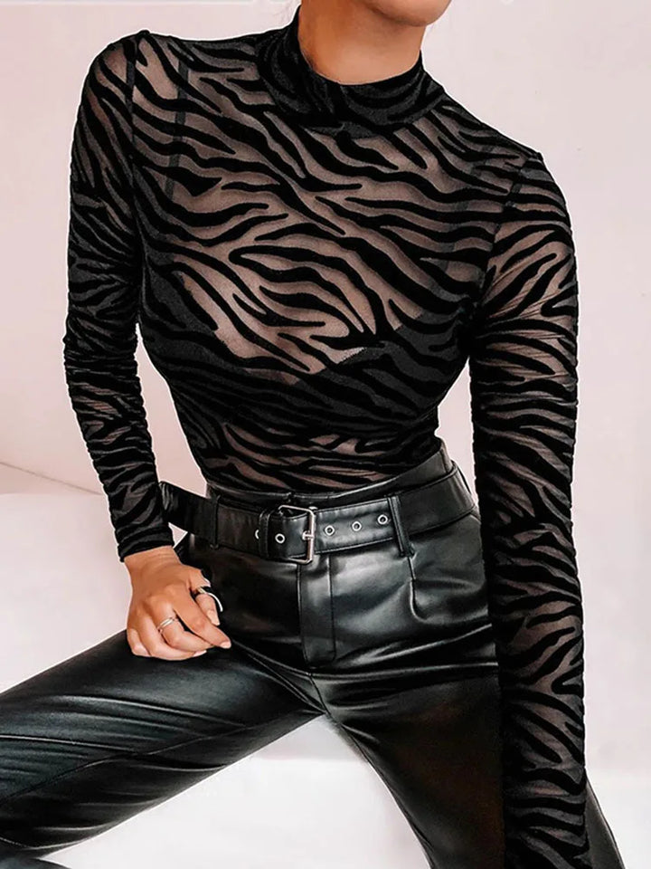 Farah Przezroczysty Body w Zebra Print – Elegancki Damski Body z Długim Rękawem & Modnym Wzorem