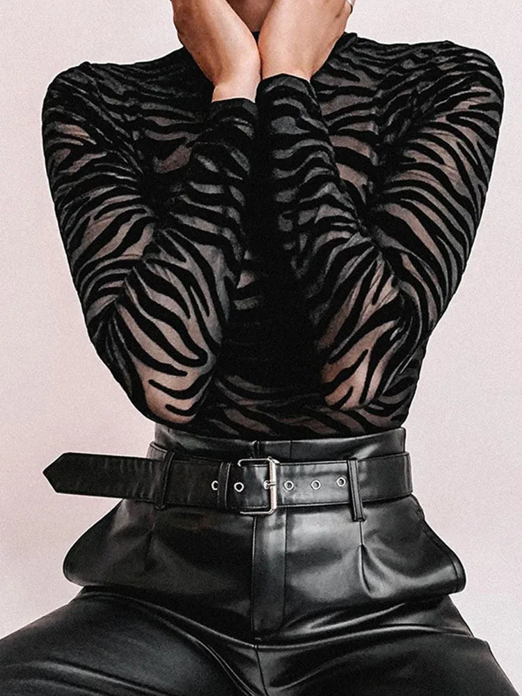 Farah Przezroczysty Body w Zebra Print – Elegancki Damski Body z Długim Rękawem & Modnym Wzorem