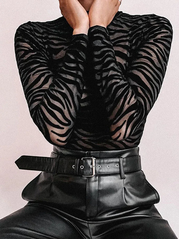 Farah Przezroczysty Body w Zebra Print – Elegancki Damski Body z Długim Rękawem & Modnym Wzorem