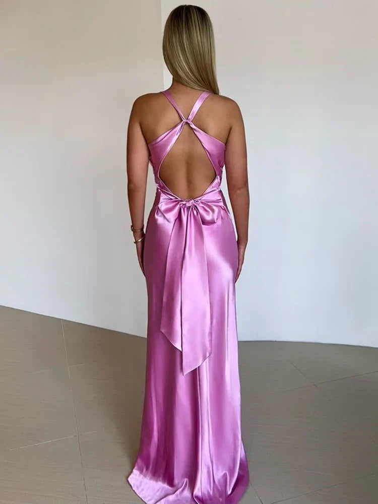 Sukienka Gina Damska Wieczorowa – Długa satynowa sukienka z eleganckim dekoltem halter i bez rękawów