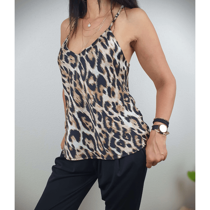 Sabrina Damski Top Looksy – Wzór Lamparta, Dekolt w Serek i Regulowane Ramiączka