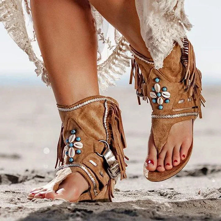 Katherine Boho Sandały Damskie – Letnie Sandały z Frędzlami i Perełkami dla Swobodnego Looku