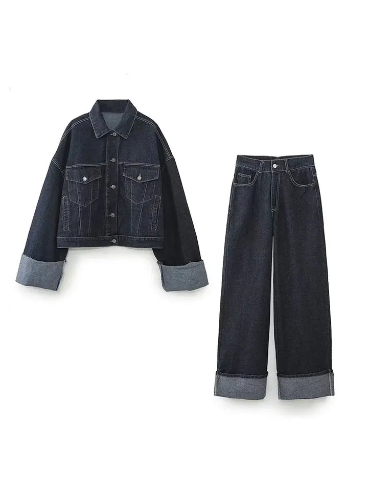 Bea Zestaw Denim Damski – Krótka Kurtka i Szerokie Jeansy z Kontrastowymi Klapami dla Modnego Looku
