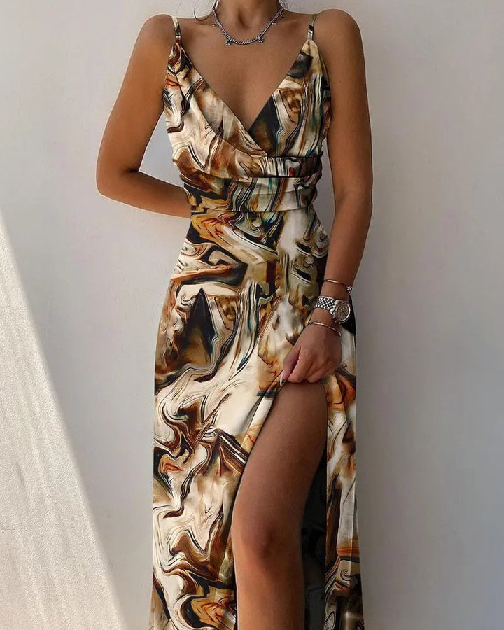 Elegancka Sukienka Laire Damska – Cienkie ramiączka, dekolt w serek, dopasowana talia, wysokie rozcięcie – Elegancka sukienka wieczorowa