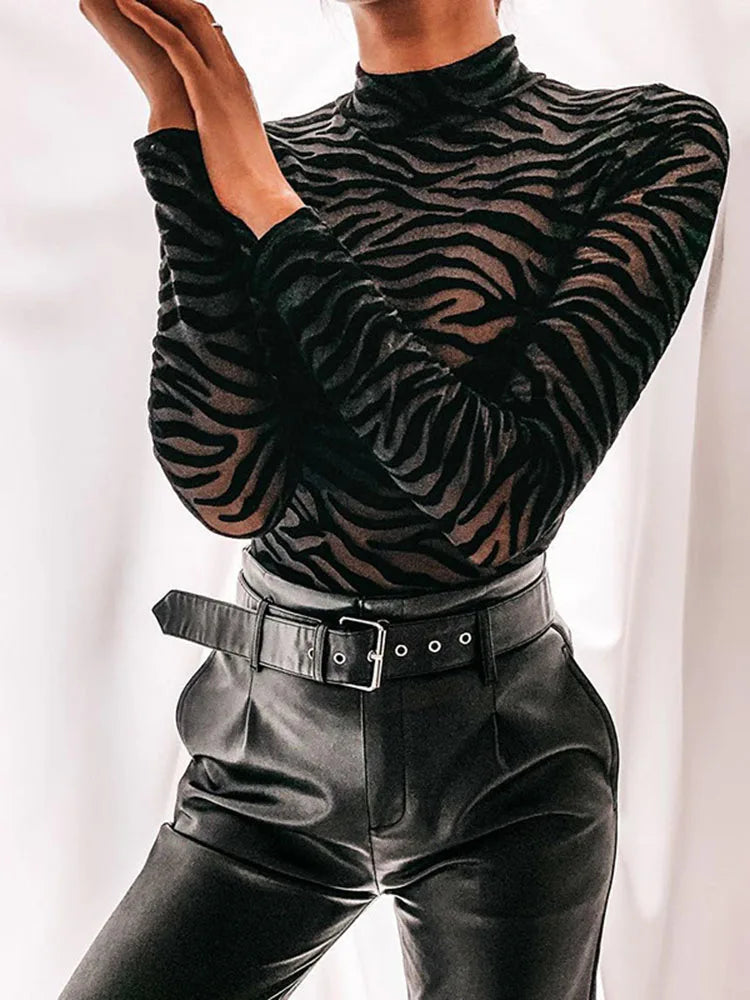Farah Przezroczysty Body w Zebra Print – Elegancki Damski Body z Długim Rękawem & Modnym Wzorem