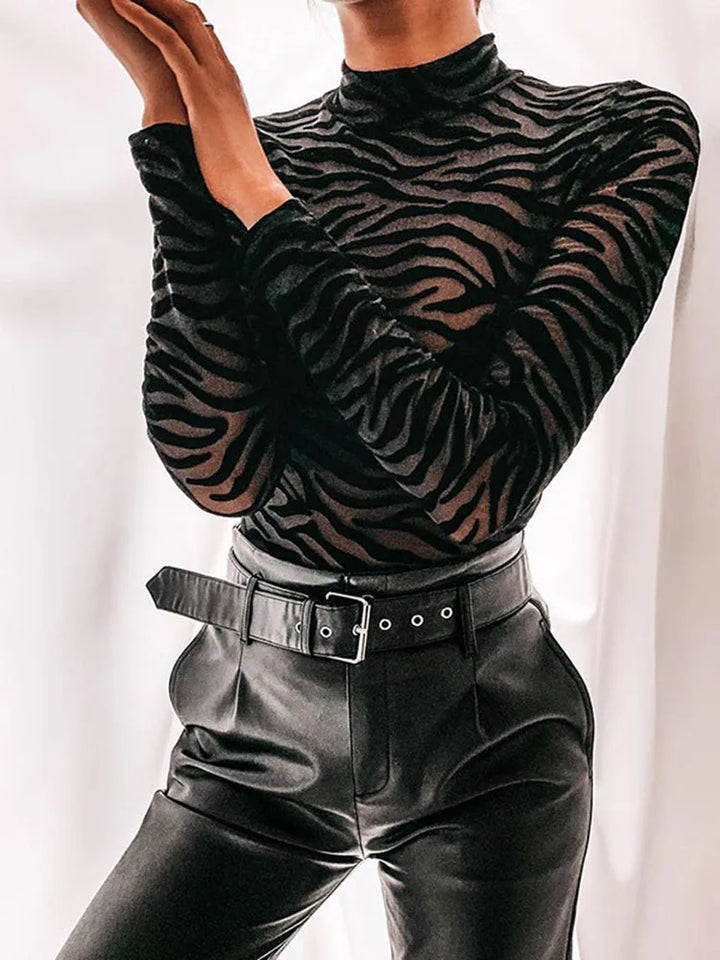 Farah Przezroczysty Body w Zebra Print – Elegancki Damski Body z Długim Rękawem & Modnym Wzorem