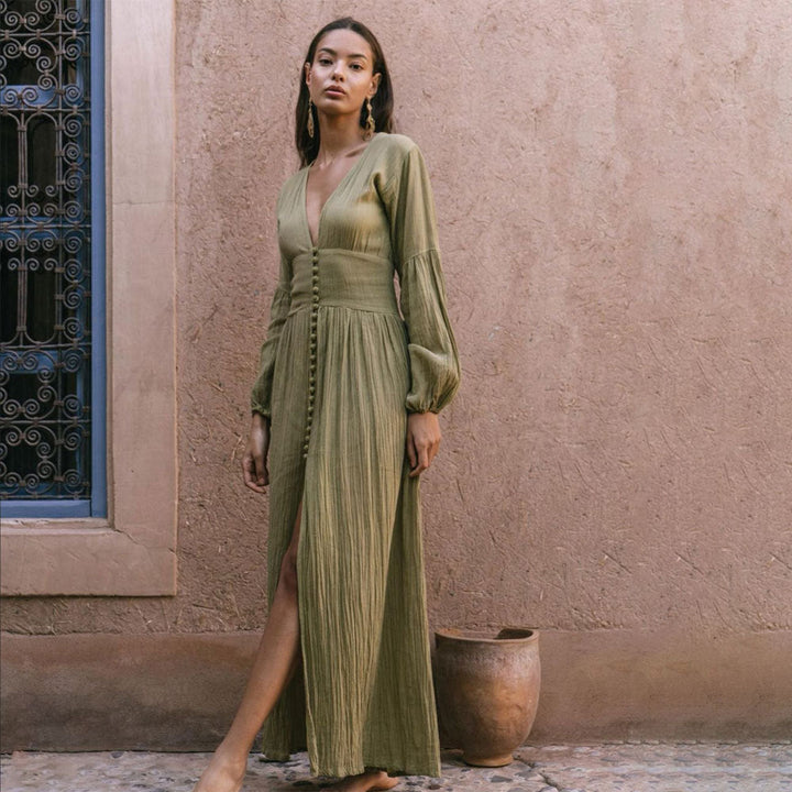 Sadie Damska Sukienka Maxi – Letnia Kaki Sukienka ze 100% Bawełny z Guzikami i Eleganckimi Plisowanymi Detalami