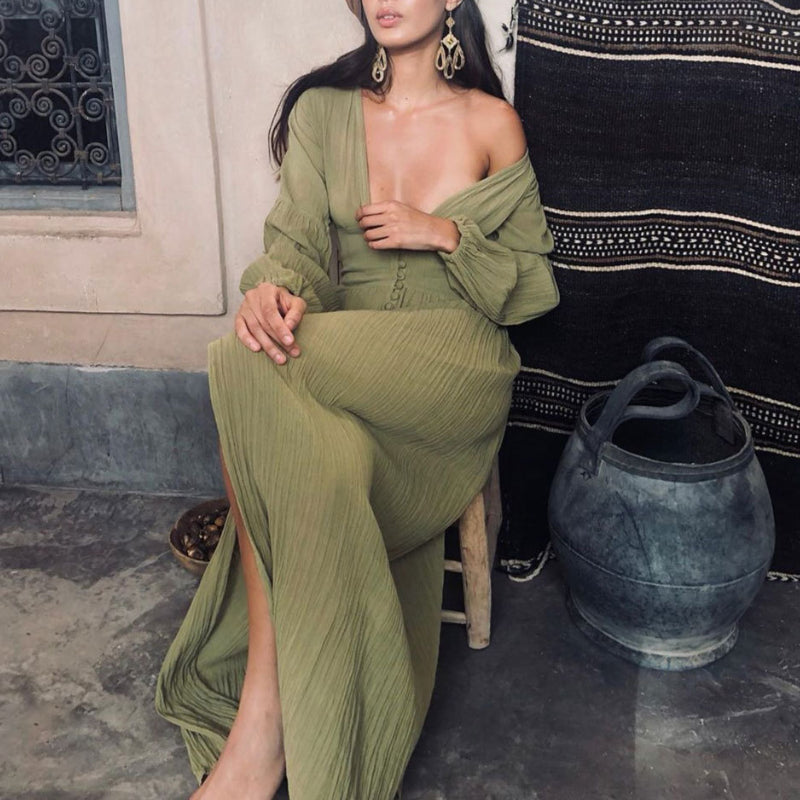 Sadie Damska Sukienka Maxi – Letnia Kaki Sukienka ze 100% Bawełny z Guzikami i Eleganckimi Plisowanymi Detalami