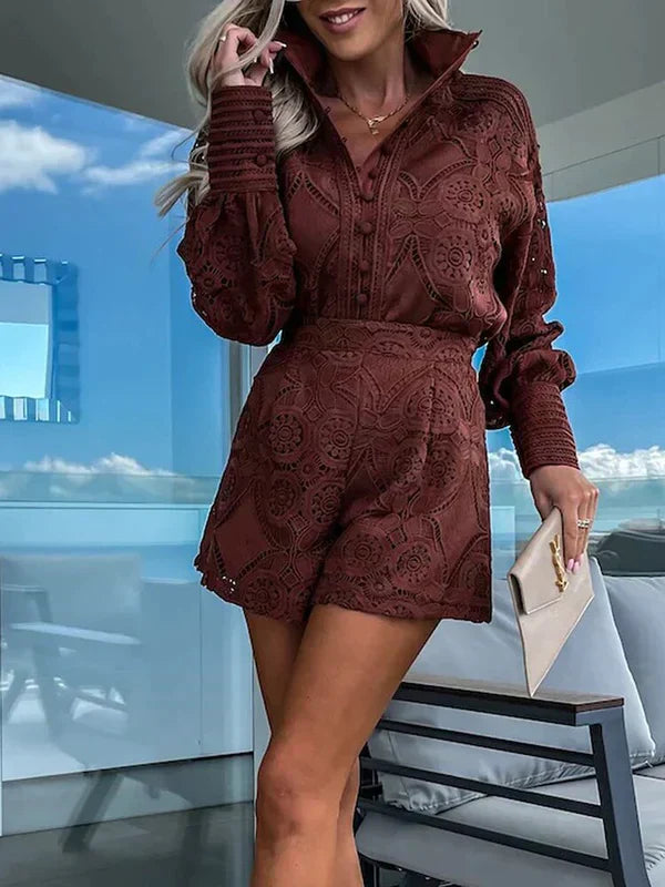 Maélie Komplet Damski z Koronki – Letni Strój w Stylu Ibiza z Lekką Górą i Szortami