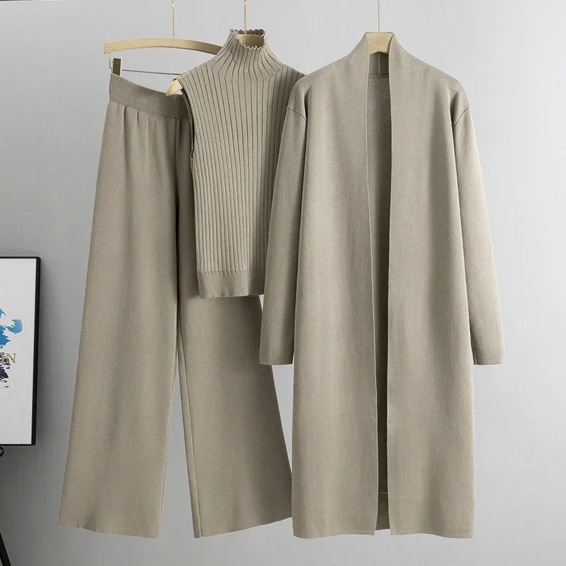 Dorothy Damski Dzianinowy Zestaw Co-Ord – Stylowy 3-częściowy Komplet z Długim Kardiganem & Golfem