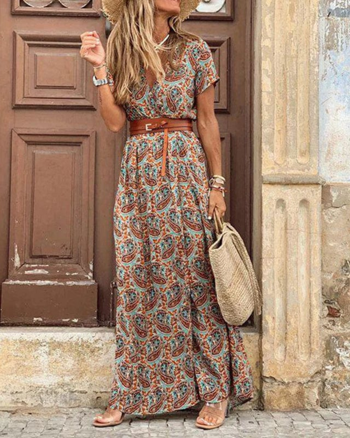 Sanne Długa Sukienka Damska – Letnia Sukienka Boho z Wzorem Ibiza, Dekoltem w Serek i Elastyczną Talią