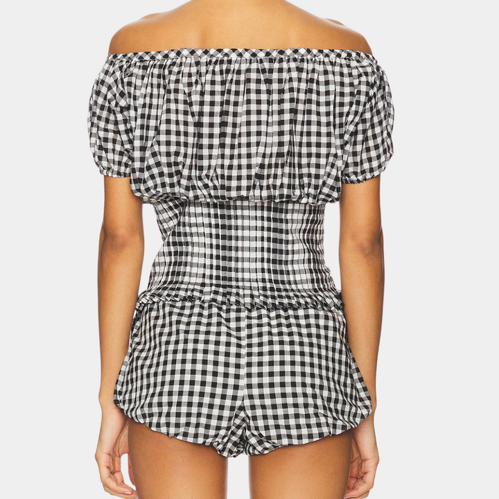 Valerine Damski Zestaw 2-częściowy – Stylowy Wzór w Kratkę z Topem Off-Shoulder i Szortami