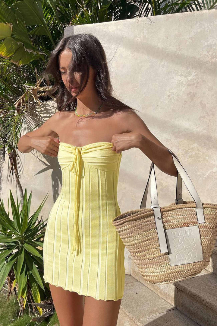 Damska Sukienka Dzianinowa Sheen – Żółta Letnia Sukienka Midi Bustier z Wiązaniem