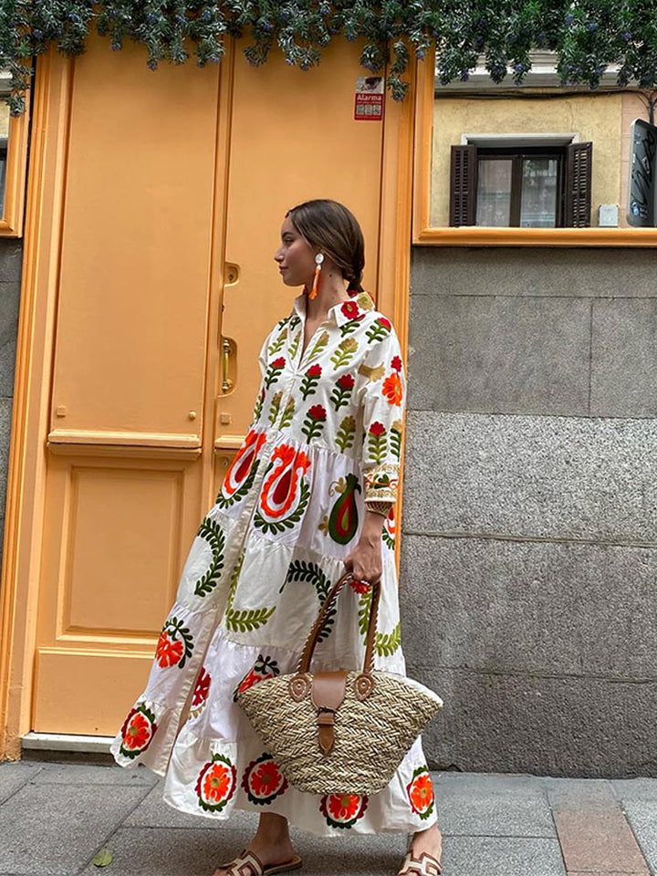 Celia Sukienka Maxi Damska – Długa Bawełniana Sukienka z Boho Haftami i Kolorowymi Detalami