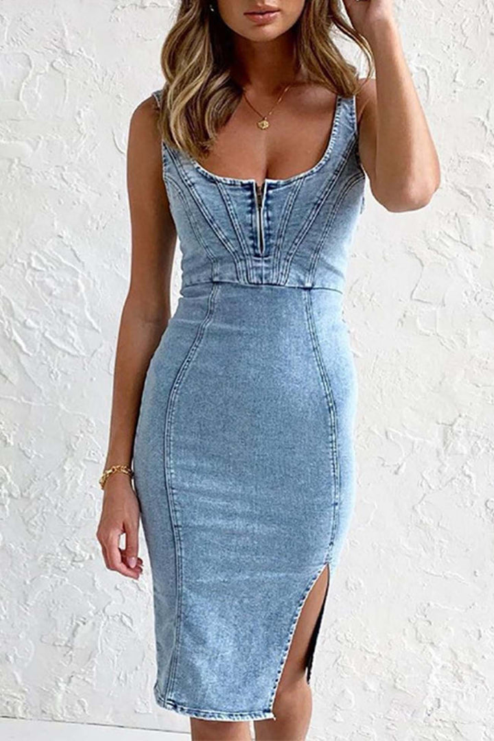 Sukienka Dżinsowa Damska Reah – Sukienka Midi z Denimu z Zamkiem, Rozcięciem i Modnym Wykończeniem