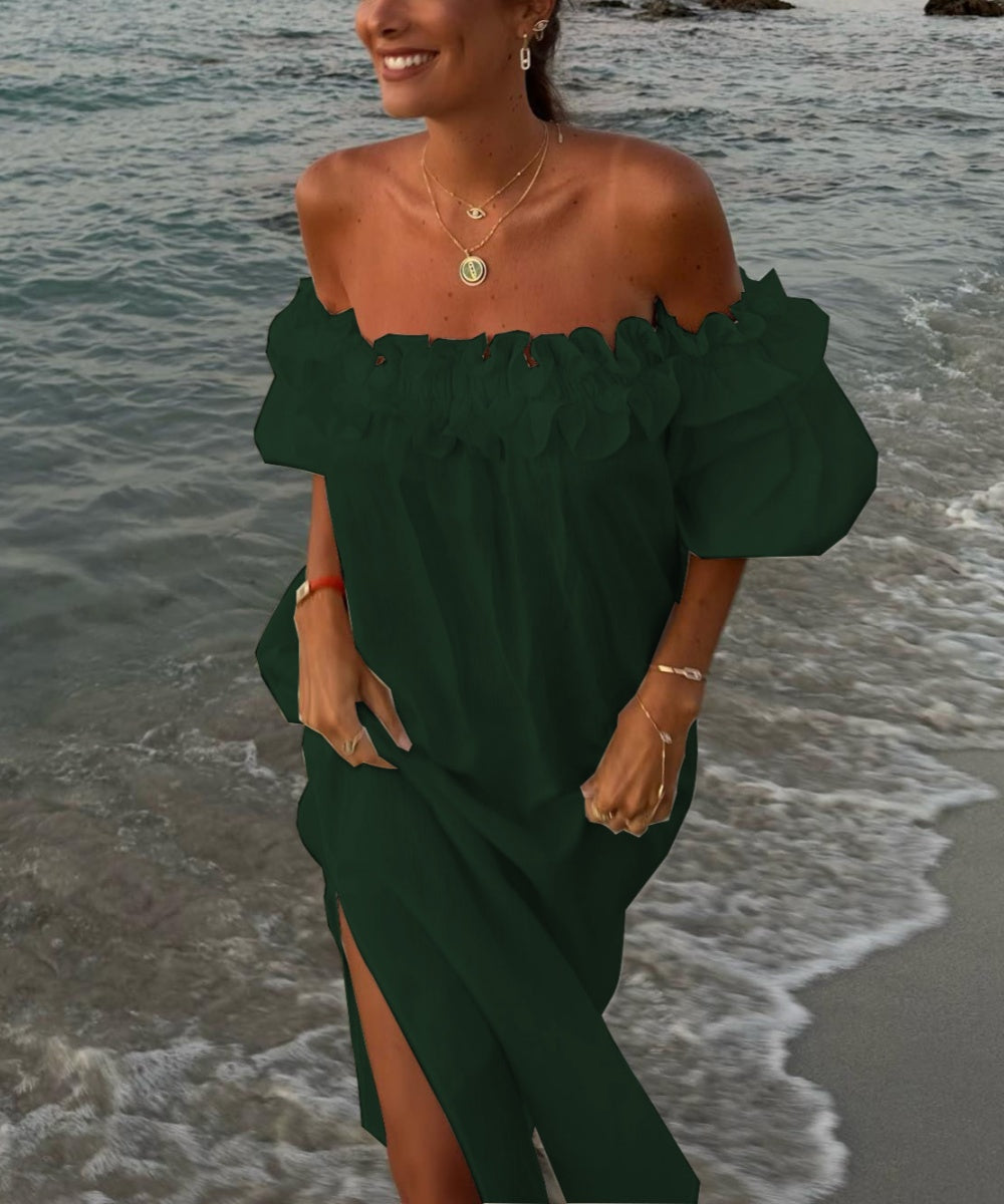 Valentina Sukienka Maxi Damska – Bawełniana Boho Sukienka z Odsłoniętymi Ramionami, Falbanami & Dekoltem Bardot