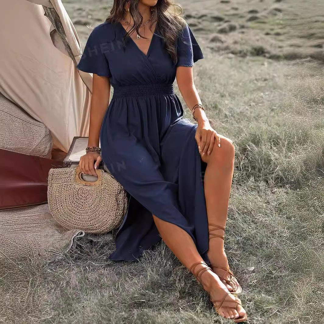 Vanessa Sukienka Maxi Damska – Długa Czarna Sukienka z Marszczoną Talią i Eleganckim, Zwiewnym Krojem