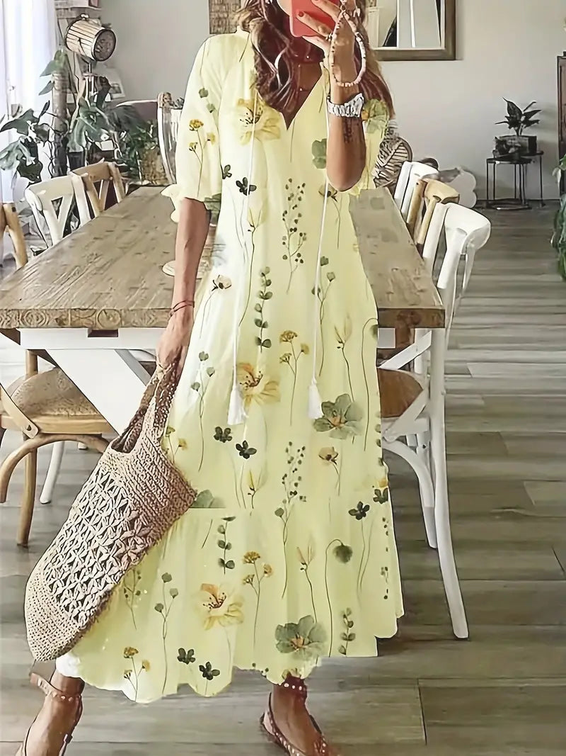 Letnia Sukienka Damska Charm – Elegancka Sukienka Boho z Falbankami, Dekoltem w Serek i Wzorem Ikat