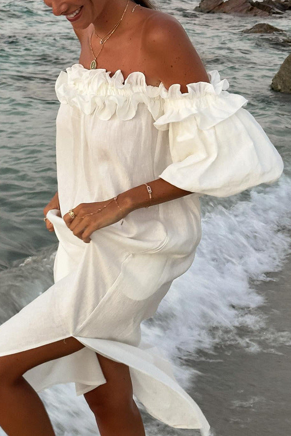 Valentina Sukienka Maxi Damska – Bawełniana Boho Sukienka z Odsłoniętymi Ramionami, Falbanami & Dekoltem Bardot