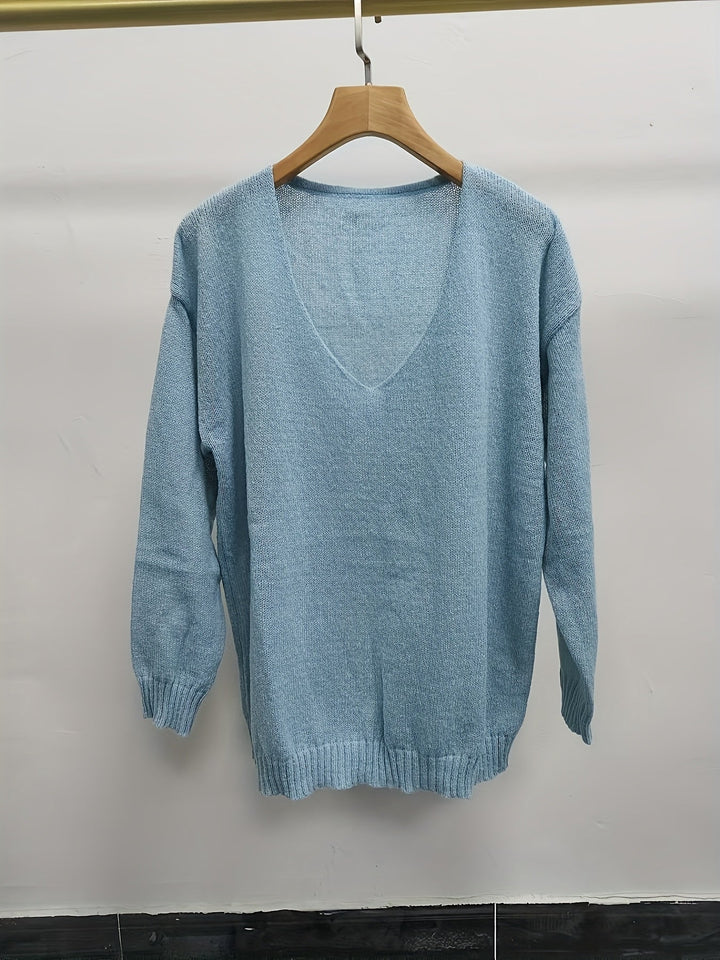 Abby | Klasyczny Lekki Sweter Dzianinowy z Dekoltem w Serek