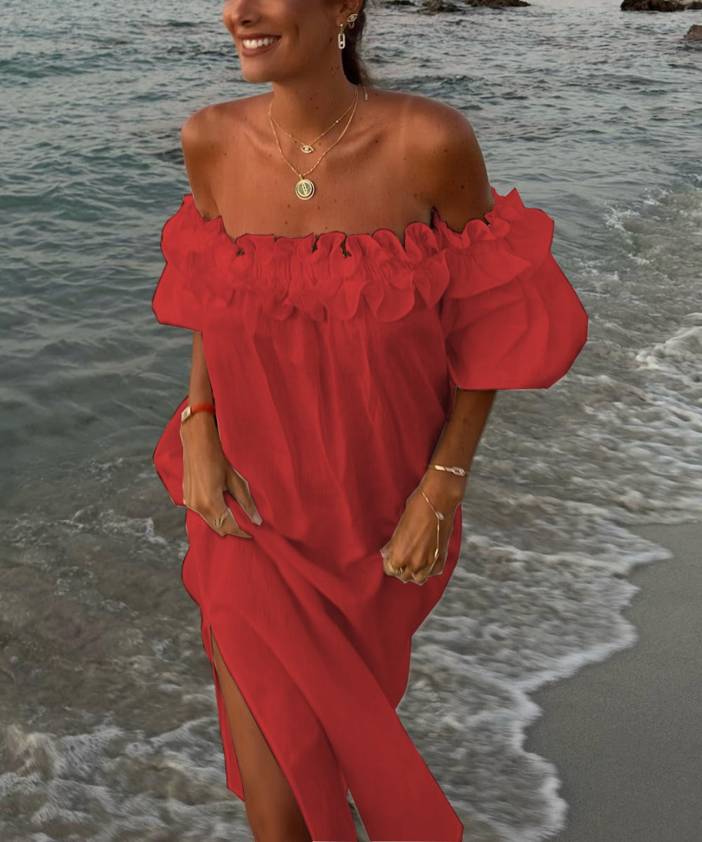 Valentina Sukienka Maxi Damska – Bawełniana Boho Sukienka z Odsłoniętymi Ramionami, Falbanami & Dekoltem Bardot