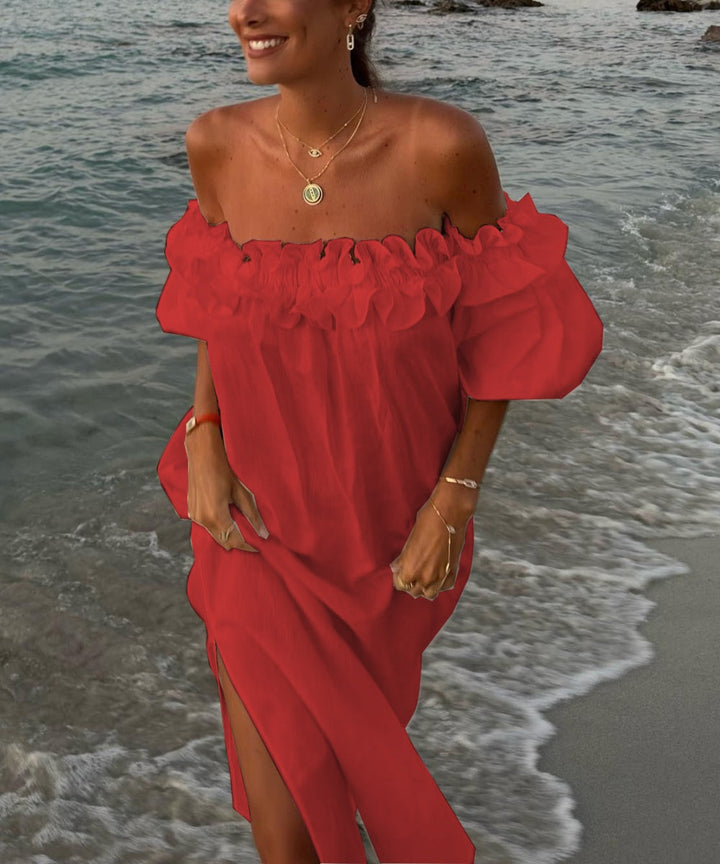 Valentina Sukienka Maxi Damska – Bawełniana Boho Sukienka z Odsłoniętymi Ramionami, Falbanami & Dekoltem Bardot