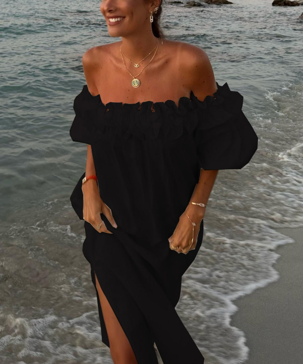 Valentina Sukienka Maxi Damska – Bawełniana Boho Sukienka z Odsłoniętymi Ramionami, Falbanami & Dekoltem Bardot