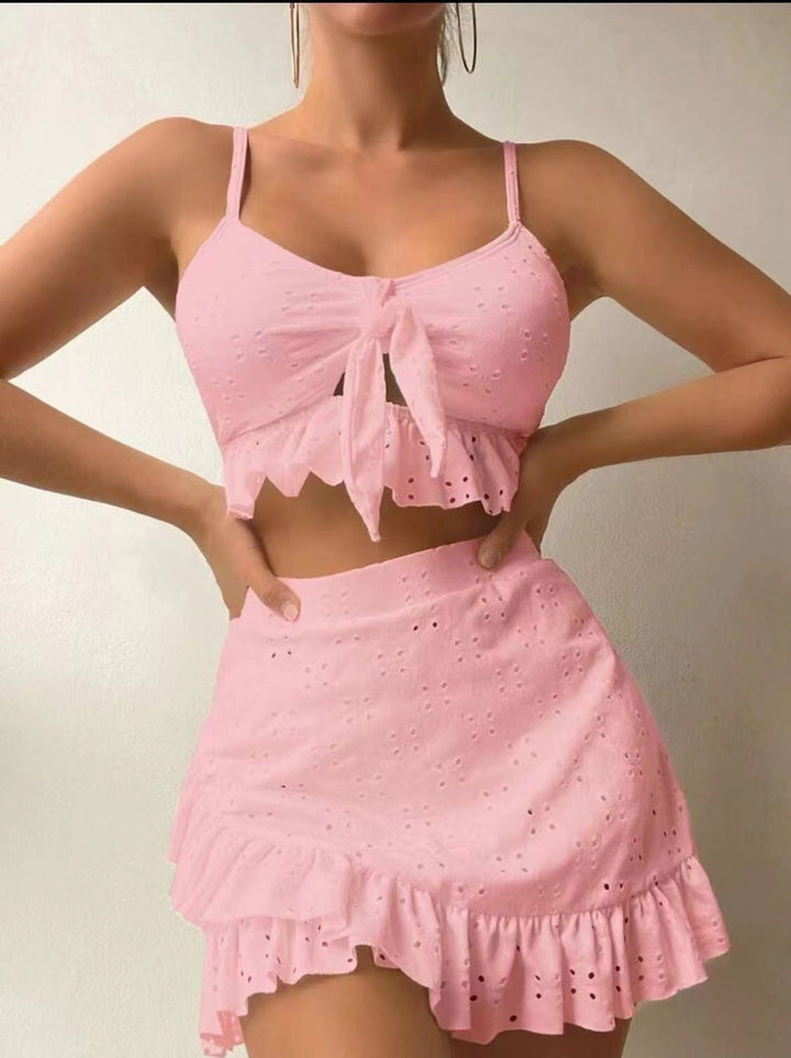 Serena 3-Częściowy Strój Kąpielowy Damski – Modne Bikini z Falbankami, Spódniczką i Dopasowanym Topem