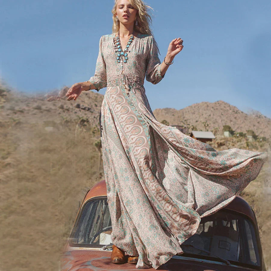 Azaria Długa Sukienka Boho – Maxi Sukienka Damska z Wzorem Paisley i Zwiewnym, Eleganckim Stylem