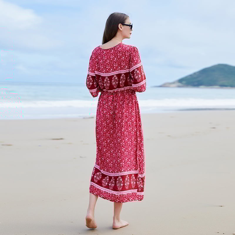 Kayla Sukienka Damska Maxi – Kwiatowa Sukienka Plus Size z Dekoltem w Serek, Długimi Rękawami i Asymetrycznym Dołem